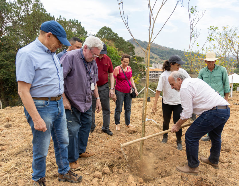 Foto dos membros dos órgãos diretivos da AFPESP plantando muda de árvore na unidade de lazer Serra Negra.